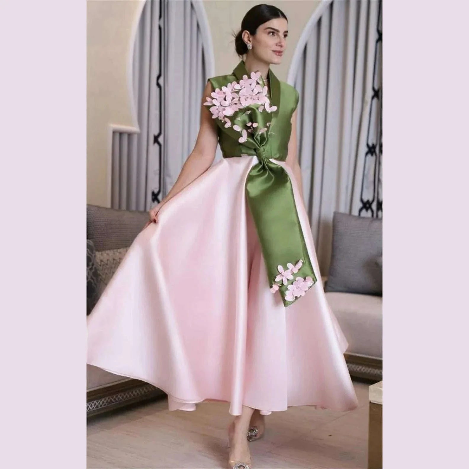 Pink Floral Ankle Length Bespoke Occasion Gown Evening Dresses Pastrol Unisex Jersey Retro Dubai Saudi Arabic Prom Customized
