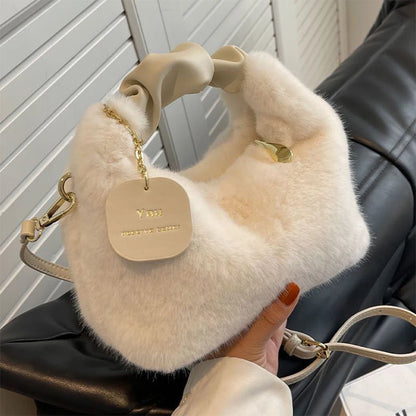 Fashionable Cute Plush Shoulder Bag for Women's Solid Color Soft Fluffy  Handbag Autumn Winter Soft Plush Crossbody Bag