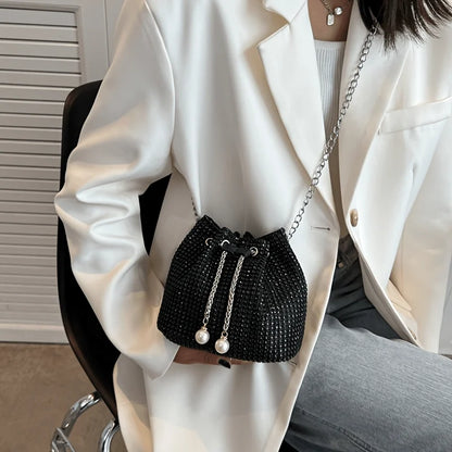 Sparkling Rhinestone Embellished Drawstring Crossbody Bag, Multi-Functional Bucket Purse, Formal Handbag for Women Daily Commute