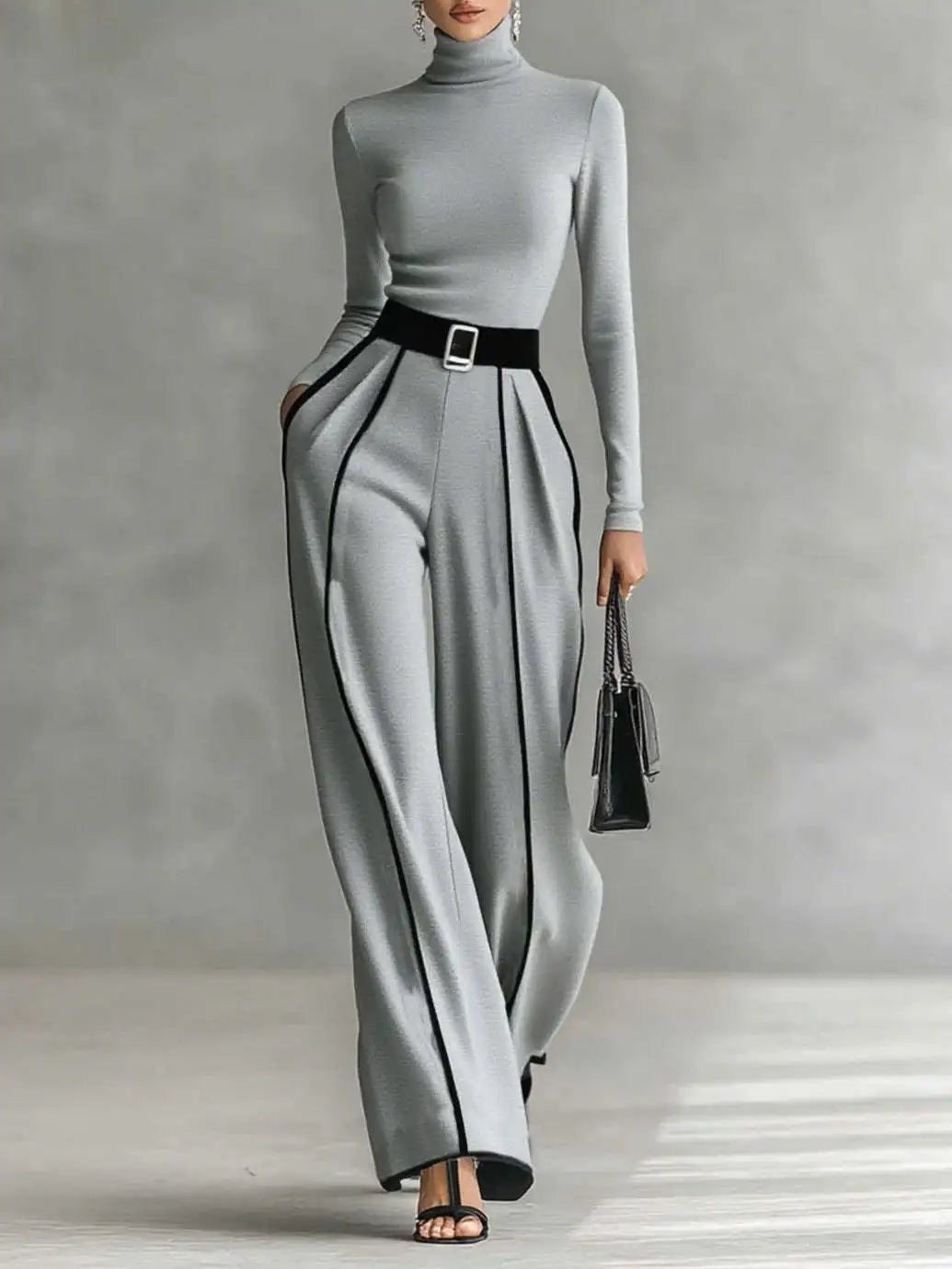 Winter Turtleneck Long Sleeve 2 Piece Sets Retro Solid Slim Top Pullover+Wide Leg Pant Suits Fall Contrast Color Straight Outfit