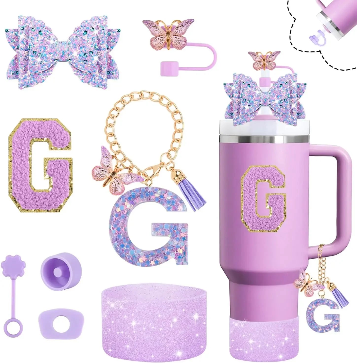 8pcs Cup Accessories Set 30oz 40oz tumbler Straw Topper Cover, Boot, Spill Proof Stoppers, Handle Charms Sticker for Stanley Cup