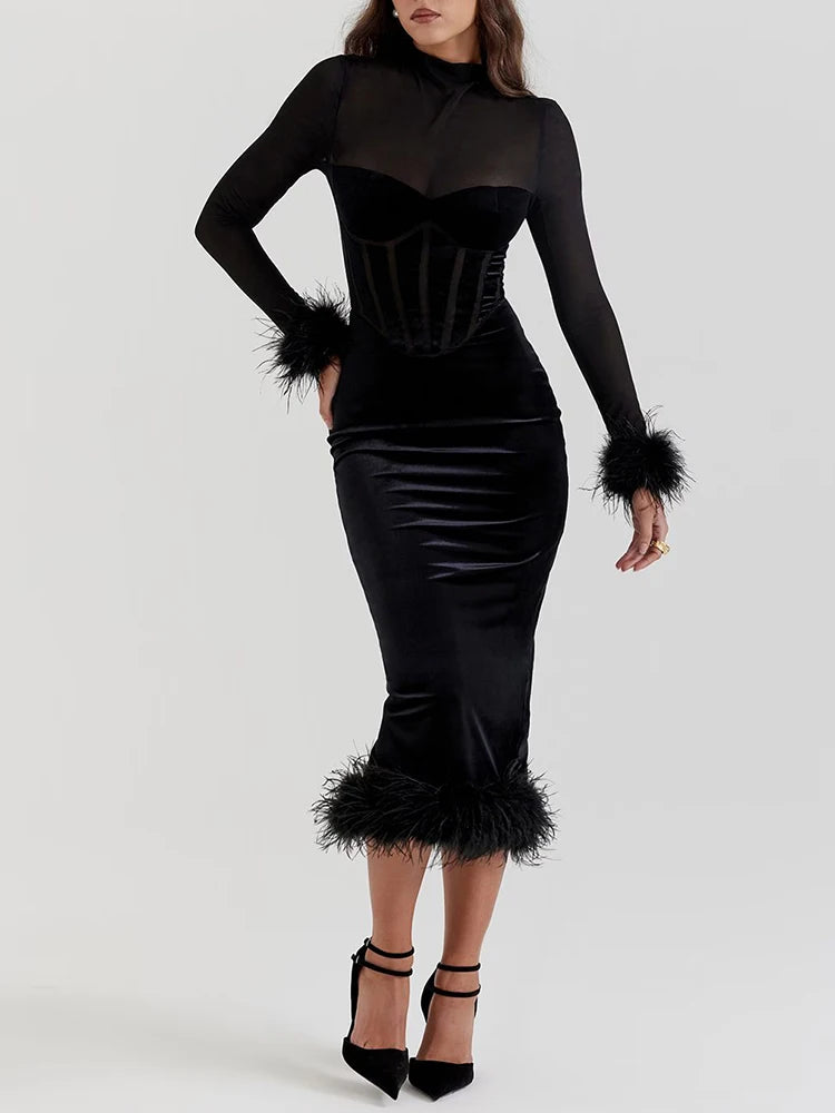 Elegant Feather Tassel Women's Evening Dress Black Mesh Round Neck Long Sleeve Party Bodycon Dress Velvet Cocktail Midi Dresses