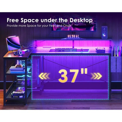 48 Inch Gaming Desk with USB Charging Ports and LED Lights, Reversible L Shaped Computer Desk with Storage Shelves amp Monitor