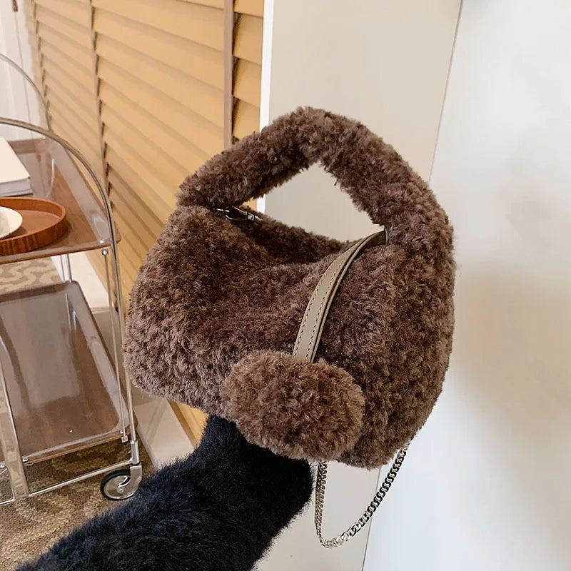 Handbag Women Faux Fur Plush Women's Bags Lady Shoulder Crossbody Bag Casual Tote Half-Moon Hobos Winter Bags for Women 2025 New