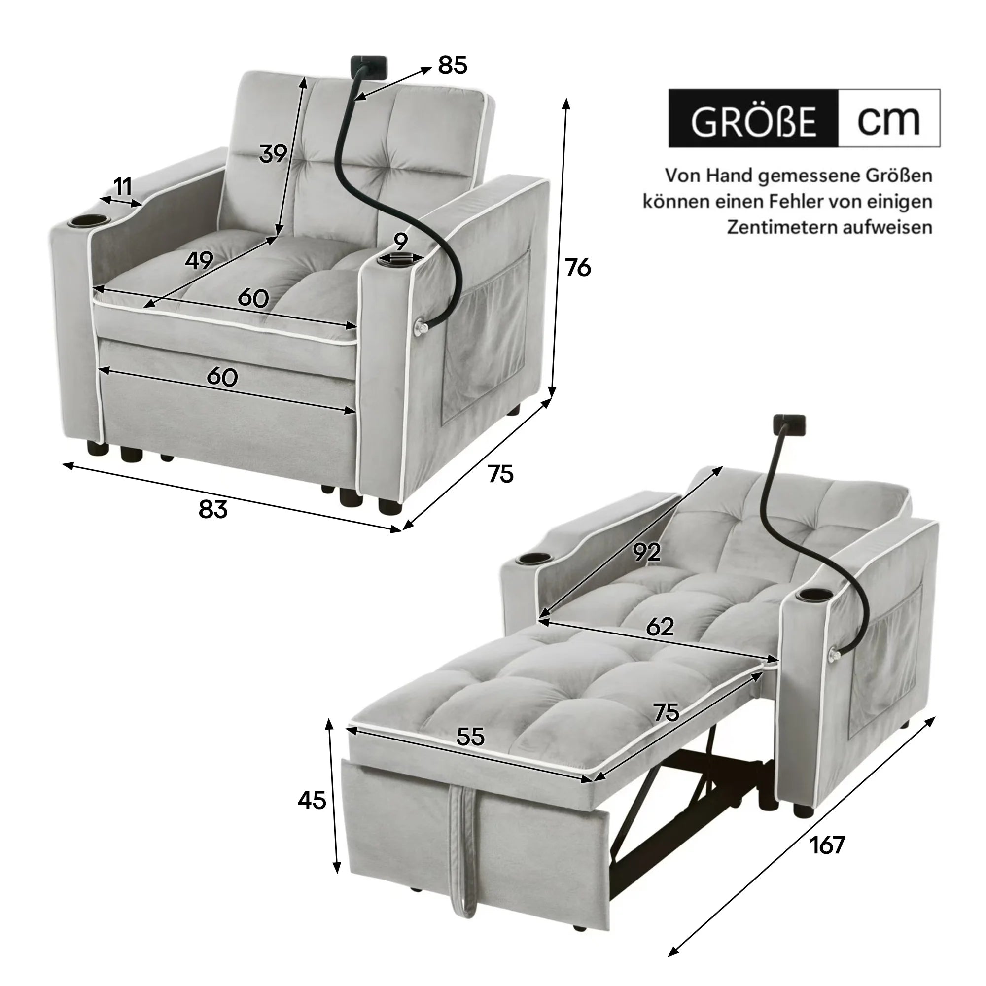 3-in-1 single-bed sofa - with beverage rack and phone holder, 83*167*76 cm sofa recliner, recliner, armchair, - Kimlud