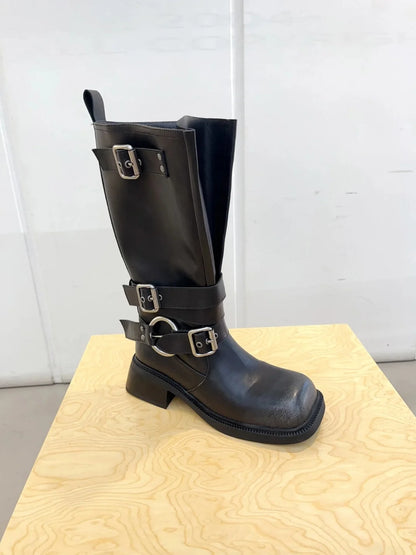 Women's Boots Half High Square Toe Footwear Brown Biker Shoes For Woman Mid Calf Middle Heel Comfortable And Low Price Pu Goth