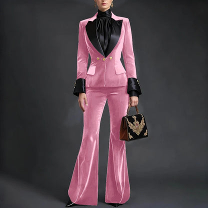 Luxury Velvet Women's Burgundy Suits Three Buttons 2-Piece Set Vintage Satin Peaked Lapel Blazer Flared Pants Evening Outfit