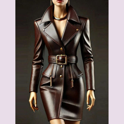 Women PU Leather Dress Lapel Collor Button Long Sleeve with Belt Chic Vintage Pockets Slim Elegant Office Lady Mini Dresses