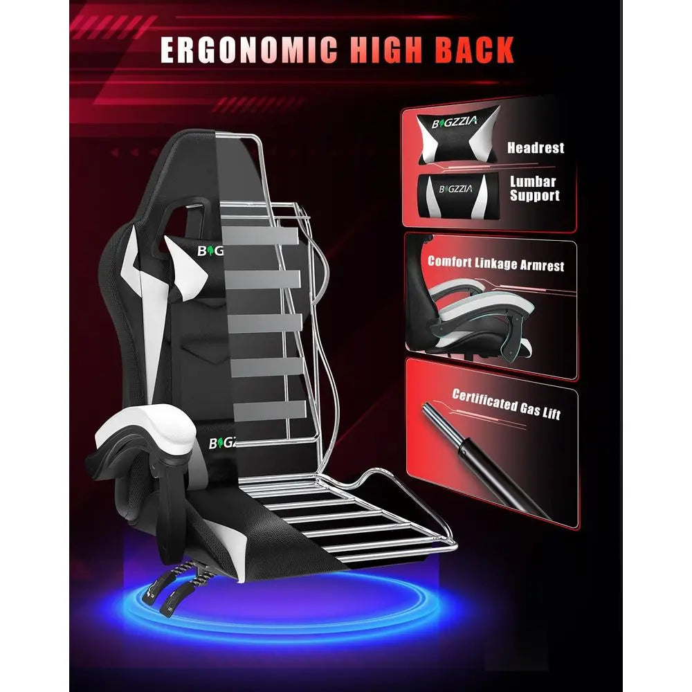 Ergonomic High-Back Gaming Chair with RGB Lighting, Reclining Seat for Adults and Kids, Lumbar and Headrest Support (Black/White