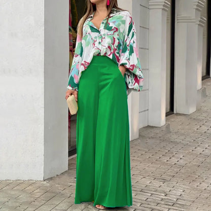 Fashion Print Set Women Casual Long Sleeve Button Shirt+Pockets High Waist Wide Leg Pants Office 2 Piece Sets Lady Spring Summer