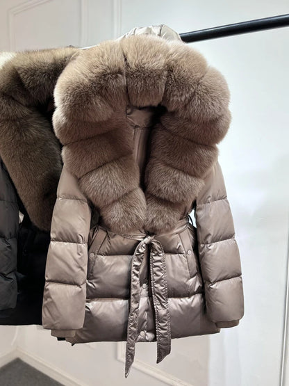 2025 New Natural Thick Warm 90% White Goose Down Coat Long Winter Jacket Women Real Big Fox Fur Collar Belt Loose Puffer Parka