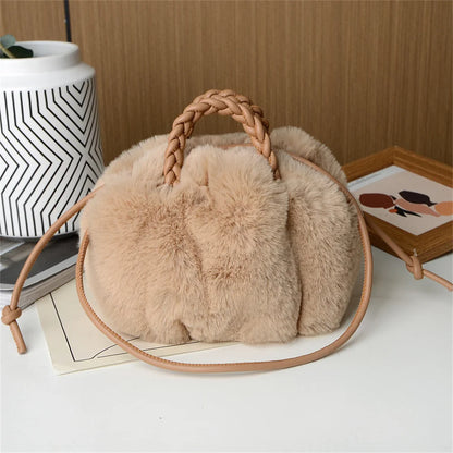 Autumn Winter Fashion Cute Tote Bags Women's Crossbody Pumpkin Plush Bag Solid Color Handbag Travel Shoulder Bags