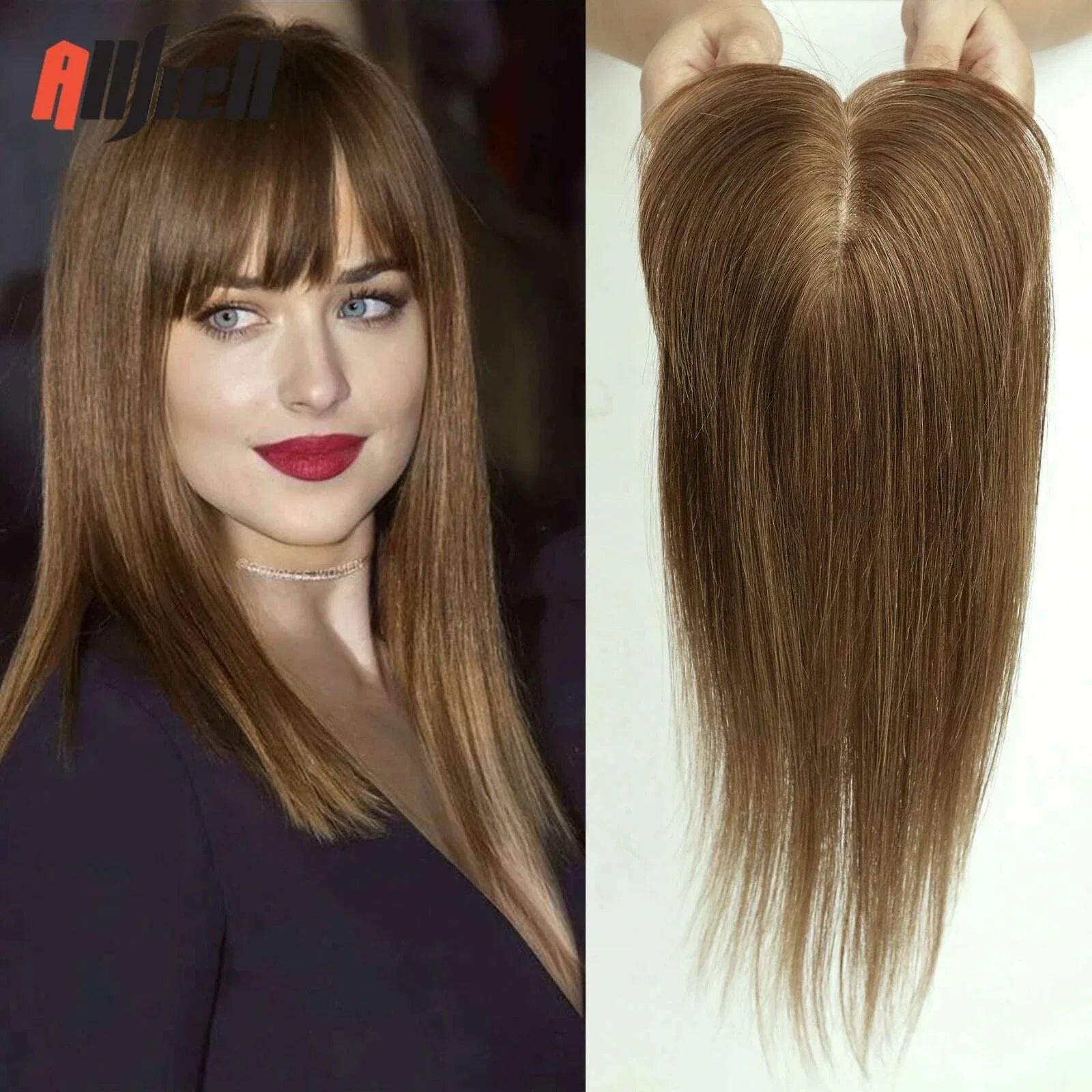 10/12/14 inches Hair Toppers for Women Brown Blonde Ombre Human Hair Toppers Silk Base Clips in Hair Extension Topper With Bangs