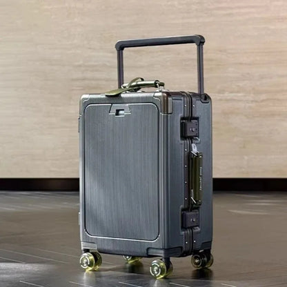 Front Opening Pocket Rolling Luggage Aluminum Frame Wide Handle Trolley Suitcase with Colorful Silent Wheels & USB Charging Plug
