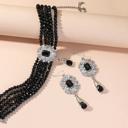 FYUAN Multilayer Green Red Blue Black Crystal Necklace Geometric Hollow Alloy Earrings For Women Weddings Banquet Jewelry Sets