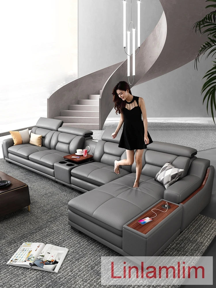 Beautify Your Living Room with Linlamlim Italian Genuine Leather Sofa - Bluetooth Speaker, Adjustable Headrests and USB...