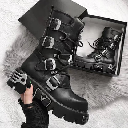 Men's Fashion Genuine Leather Motorcycle Boots Goth Skull Punk Boots New Unisex Mid-calf Cowboy Boots Metallic Combat...