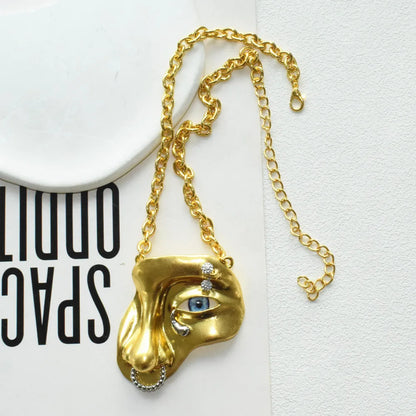 Vintage Baroque Style Alloy Plated Face Shaped Necklace For Women Fashion Jewlery Exaggerated Long Chain Necklace Accessory