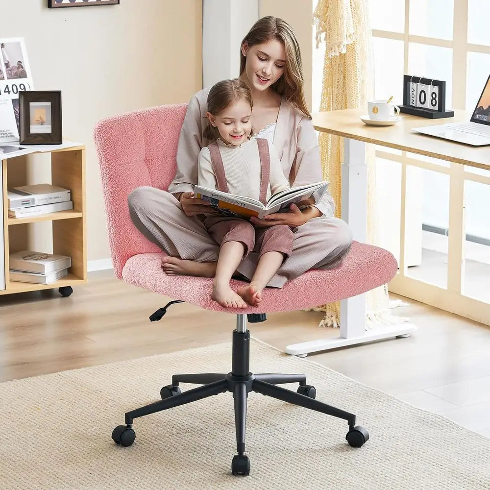 Adjustable Height Swivel Desk Chair with Wheels, Faux Fur Pink, Comfortable for Home Office and Vanity Use