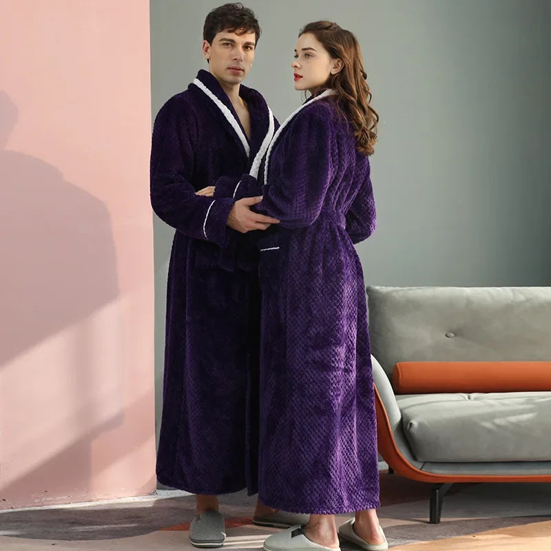 Winter Couple Flannel Robe Sets Lovers Solid Thicken Bathrobe Gown Nightwear with Pockets Intimate Lingerie & Cozy Home Clothing