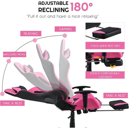 Gaming Chair - Pink Gamer Chair with Footrest Racing Esports Computer Chair Massage Lumbar Support Leather Recliner, Customized