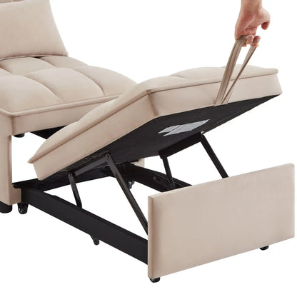 4-in-1 Multi-Function Taupe Convertible Chaise Lounge Adjustable Single Sofa Bed with Pull-Out & Tufted Backrest Storage Pockets - Kimlud