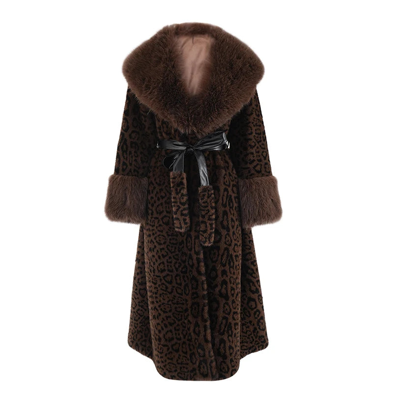 ZMEENNA Brown Leoppard Print Big Size Long Faux Fur Jacket New Lapel Long Sleeve Women Coat Fashion Autumn Winter 2024 ZM593