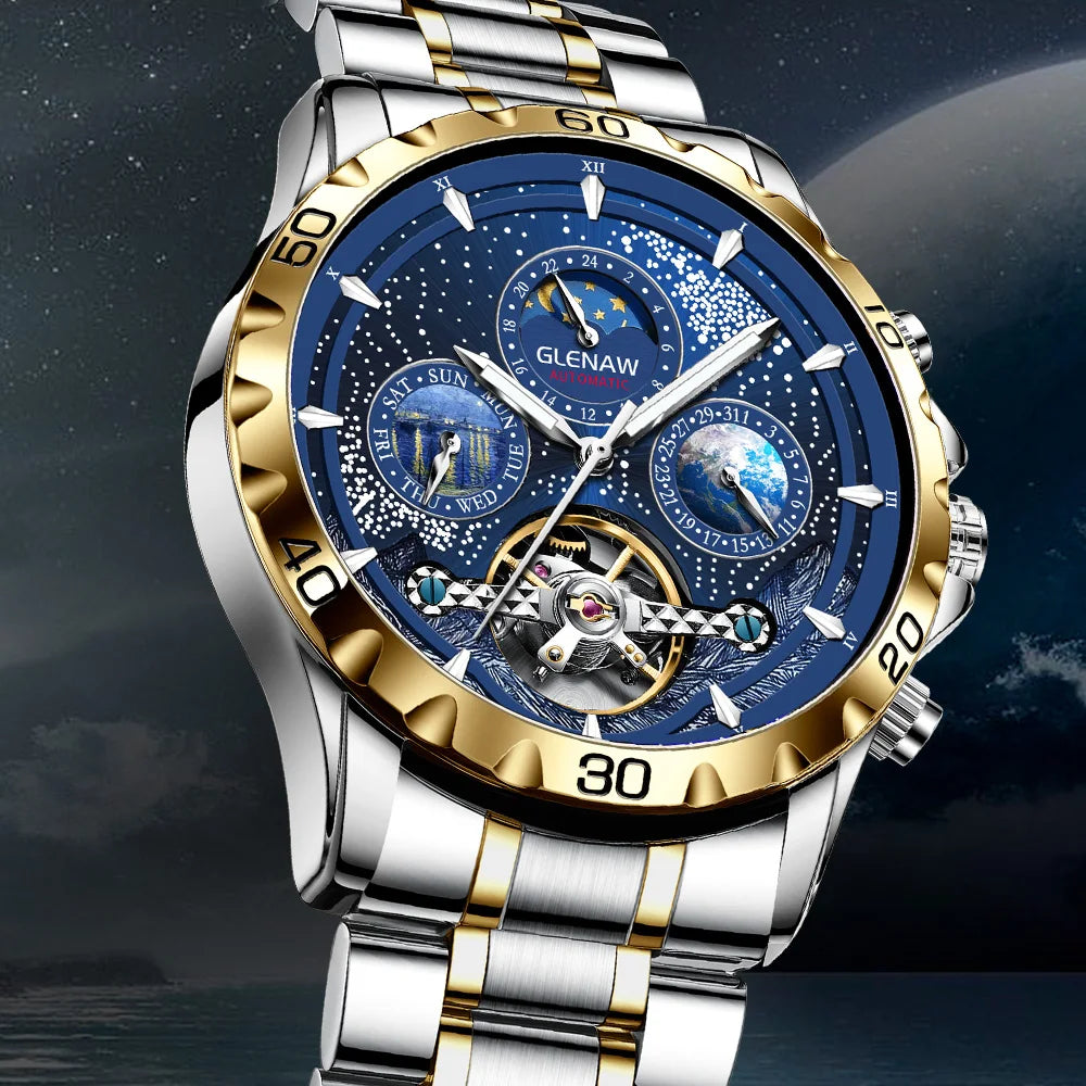 GLENA Men Multifunctional Watches Luxury Fashion Business Watch Mens Waterproof Mechanical Watch Montre Homme Relogios Masculino