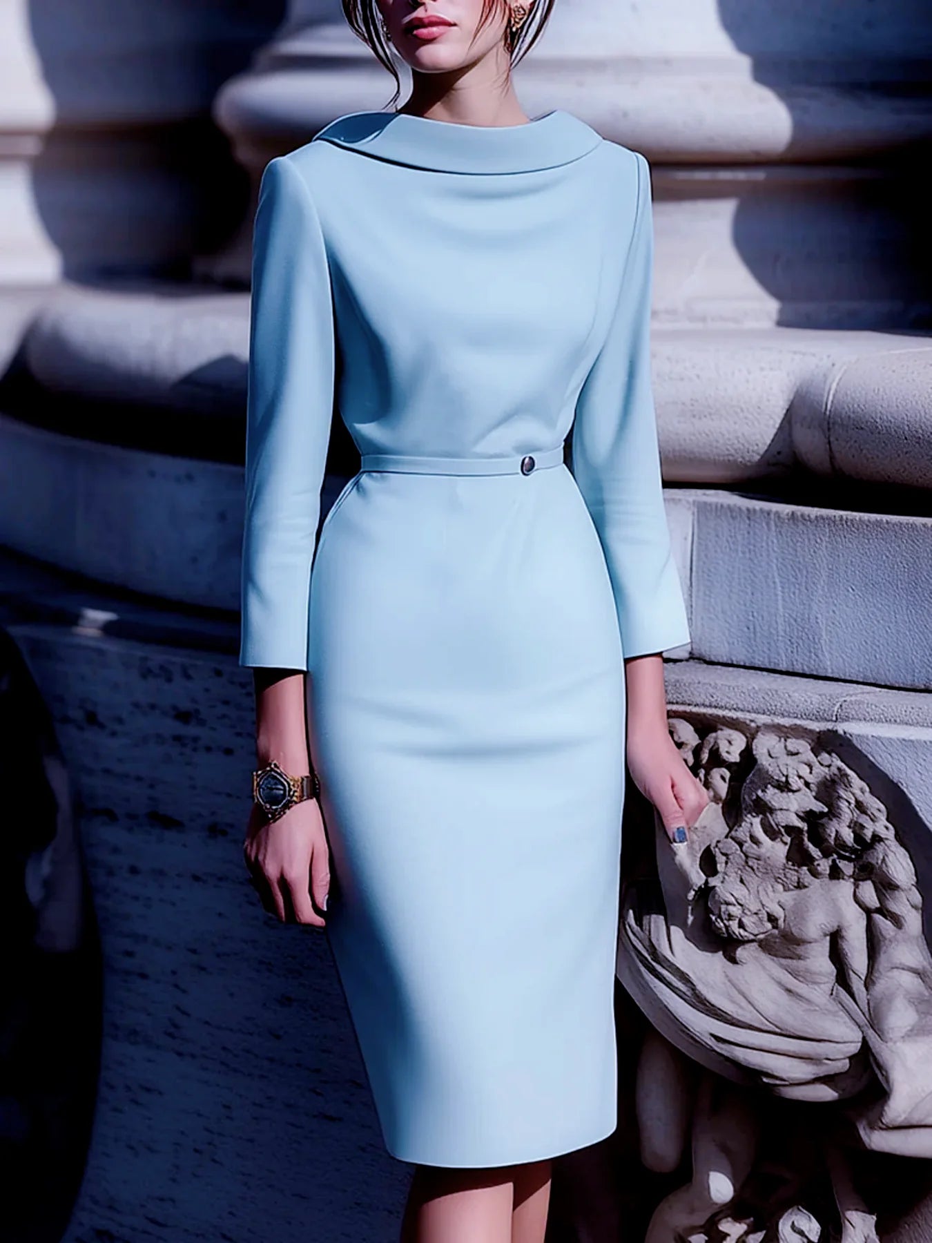 Elegant Solid Color Commute Party Turn-down Collar Boat Neck Back V-neck Belted Mid-Sleeve Gown Dress