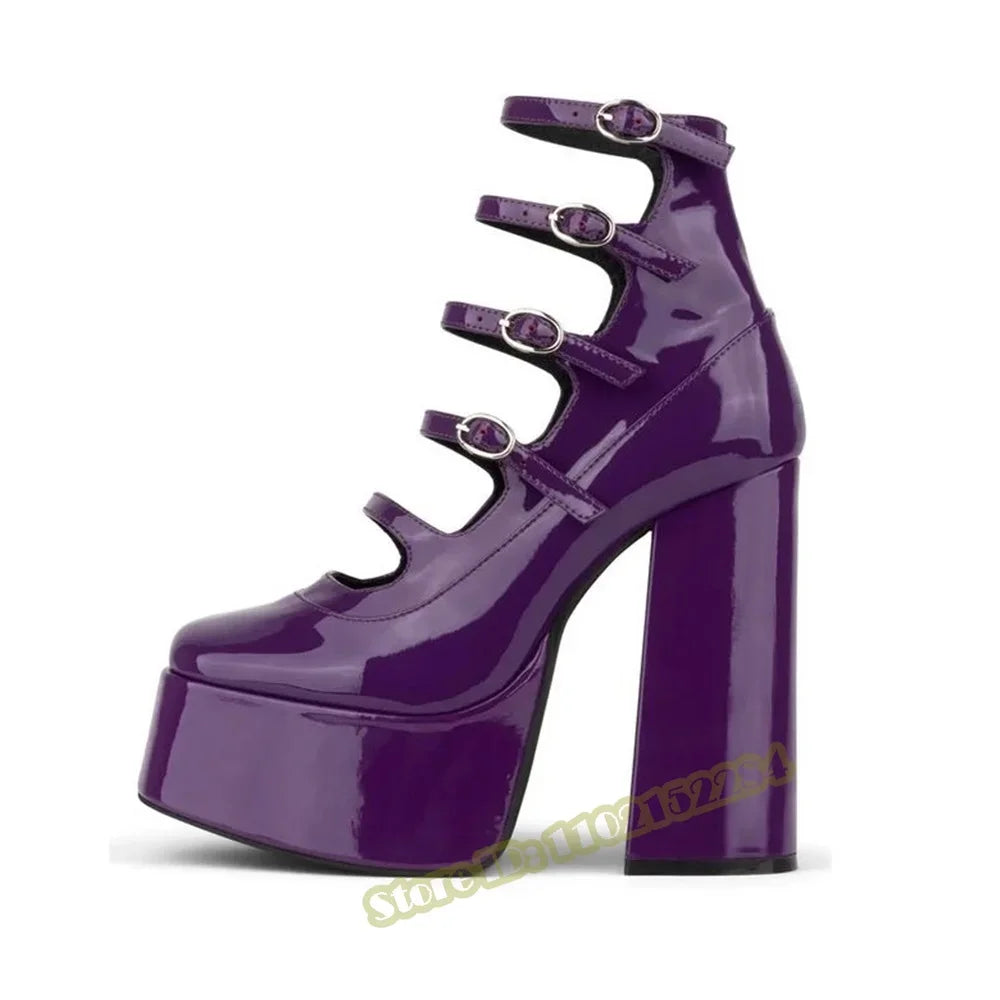Shiny Leather Buckles Straps Sandals Round Toe Platform Chunky High Heels Solid Women Shoes Summer Designer Party Casual Sandals