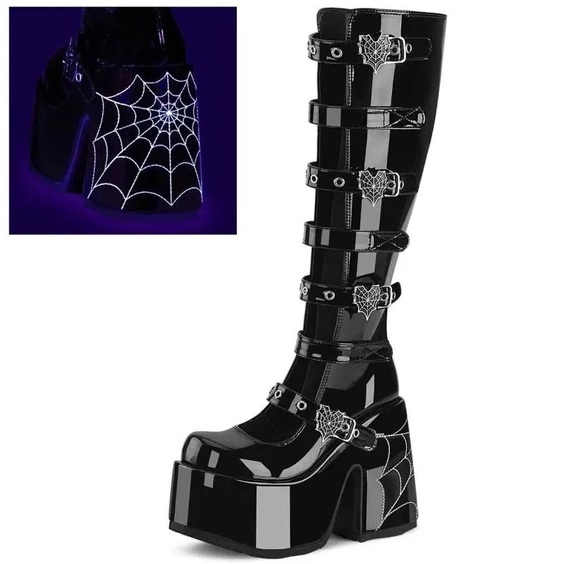 Round Toe Super High Heel High Boots Spring and Autumn Shallow Mouth Metal Buckle Platform Non-slip Thick Heel Boots