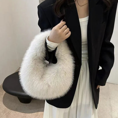 Winter Soft Plush Half Moon Bag Faux Fur Party Clutch Bag Lady Handbags Fluffy Female Winter Purse Casual Tote Bag Fashional Bag