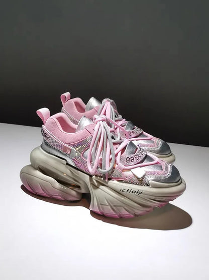 Women High Heels Platform Shoes Spring Crystal Fashion Luxury Designer Brand Chunky Sneakers Unique Design Real Leather Trendy