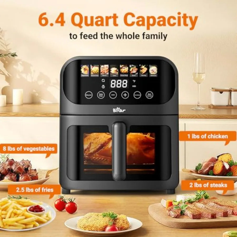 Air Fryer with Stainless Steel Construction and 8 Presets for Rapid Family Meals 6.4Qt Large Capacity Featuring Visible Window