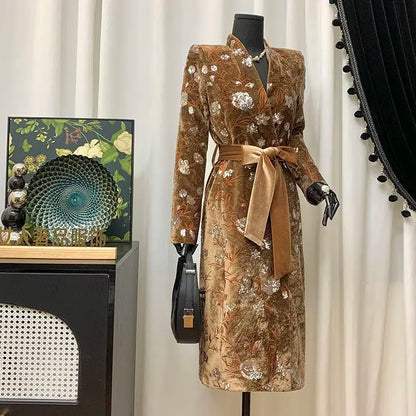 Women Spring Autumn New Heavyweight Sequined Embroidered Jacquard Coat Brown Velvet Stand-Collar Slim Fit Trench Coat Top