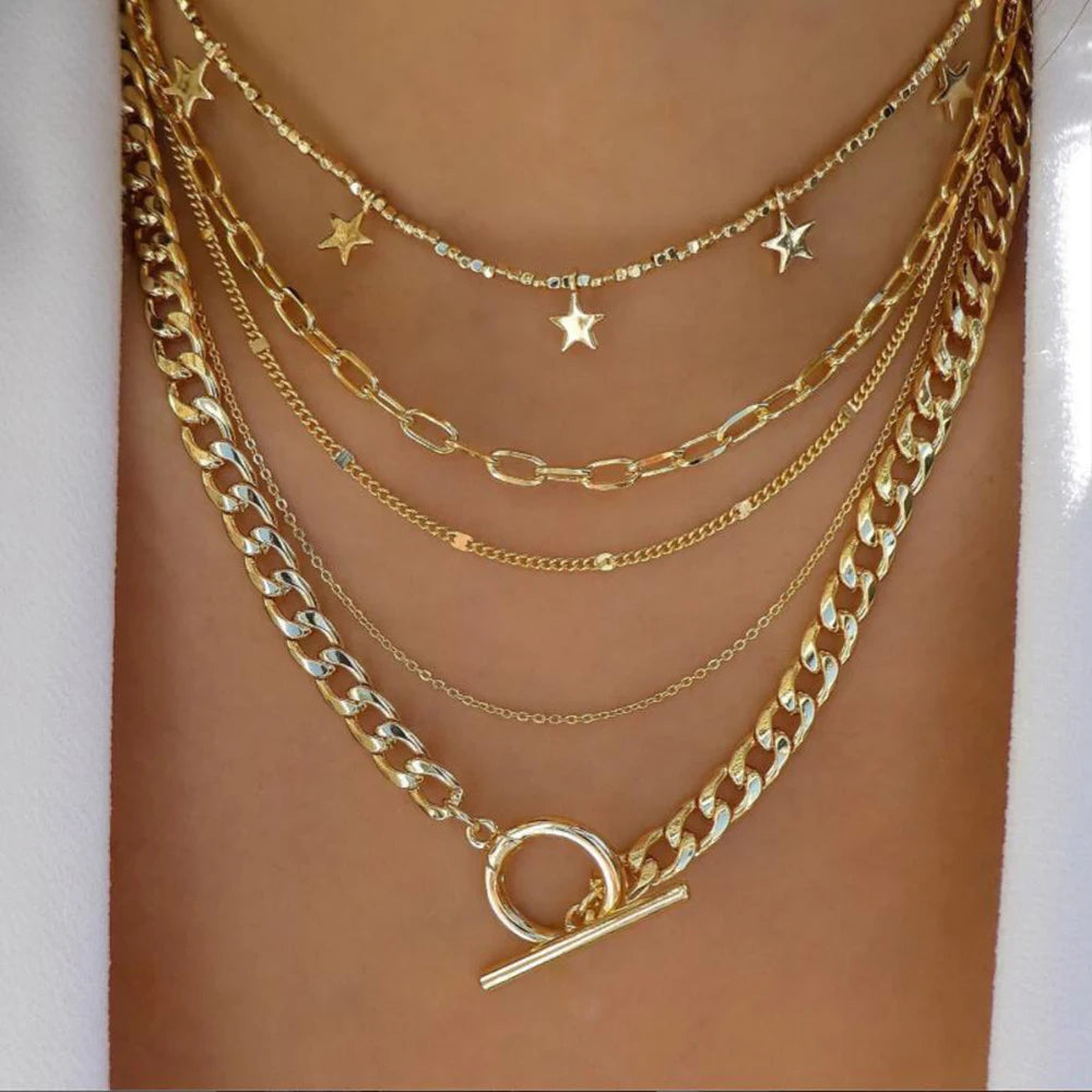 5pcs/Set Simple Braided Bead Chain Necklaces, Gold Tone, Layered Pendant Necklace Set For Women Daily And Party Wear