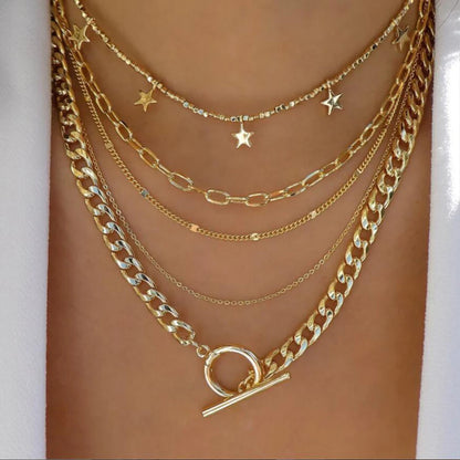 5pcs/Set Simple Braided Bead Chain Necklaces, Gold Tone, Layered Pendant Necklace Set For Women Daily And Party Wear