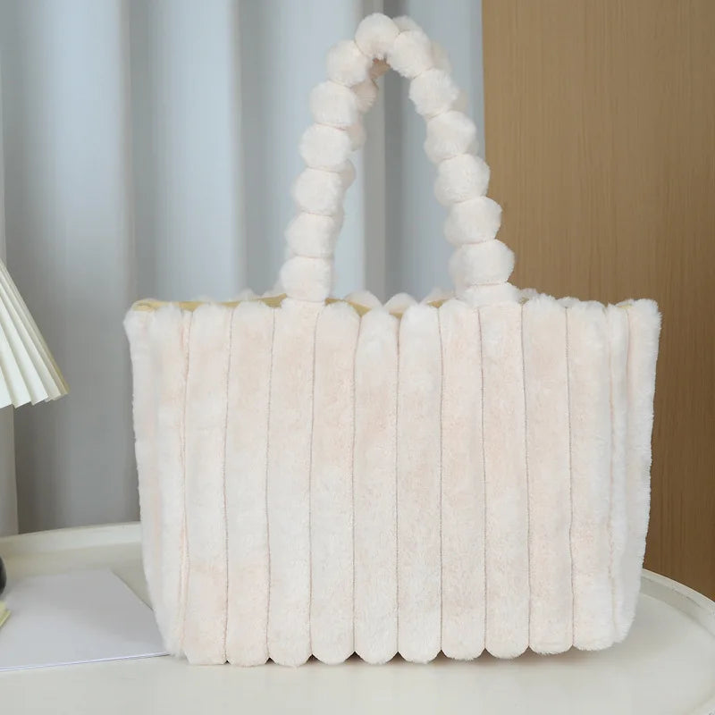 Autumn Winter Soft Plush Totes Bags, Stylish College Student Women Handbag Shoulder Bag with Leather Material Polyester Lining