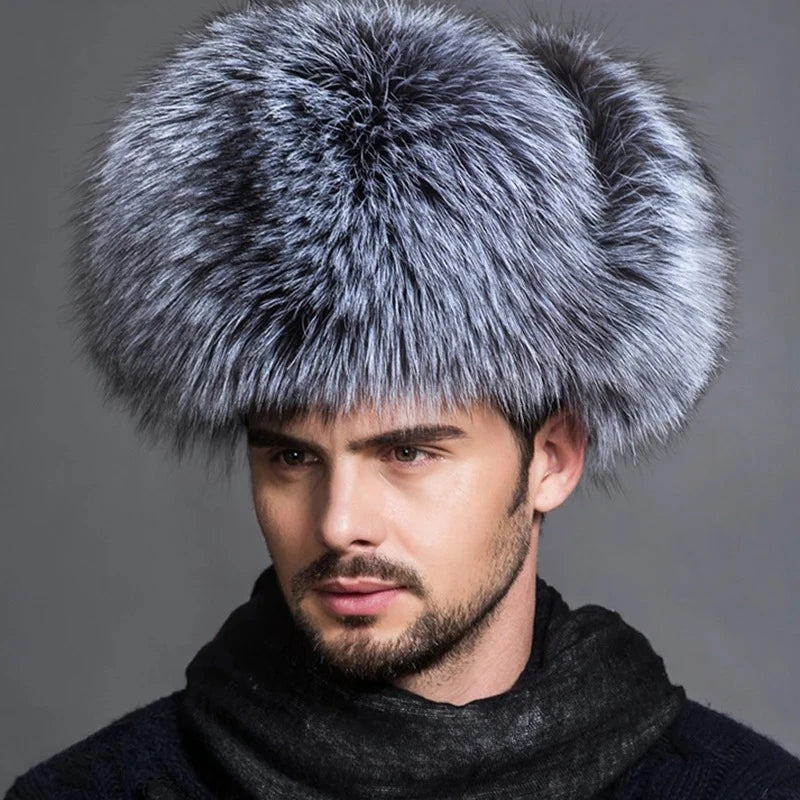 New Winter Men's 100% Real Silver Fox Fur Bomber Hat Raccoon Fur Ushanka Cap Trapper Russian Man Ski Hats Caps Real Leather Top