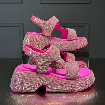 Fashion Luxury Rhinestone Women Sandals Summer New Sheepskin Elastic Band Thick-soled Open-toed Roman Flat Sandals