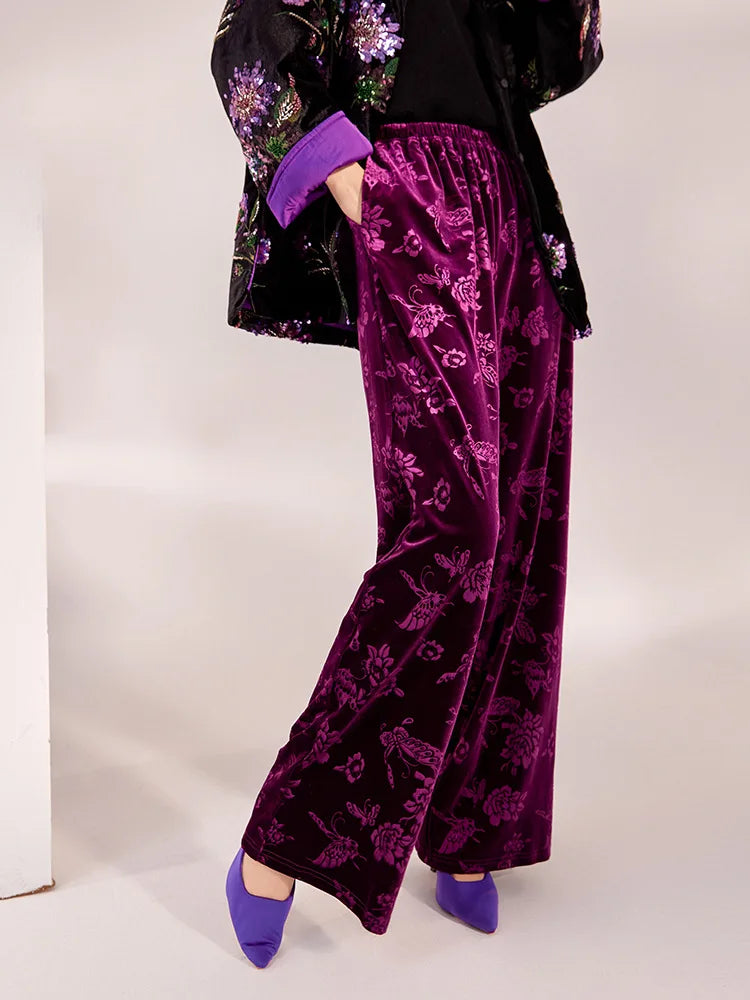 Spring and Autumn New Chinese Style New Elegant Elastic Waist  Wide Leg Pants Jacquard Casual Design Loose Long Pants Female S-L