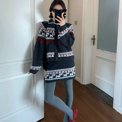 Knitted Suit Women 2025 Fashion Vintage Sping Autumn Cardigan Sweater Coat Short Skirt Ladies Two Piece Set Outfits