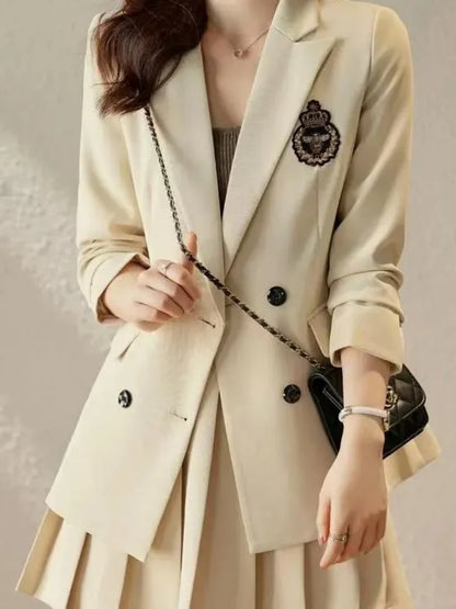 Korean Preppy Suit Women Fashion Embroidered Badge Double Breasted Jacket+High Waisted Pleated Mini Skirt Elegant Party Set 131F