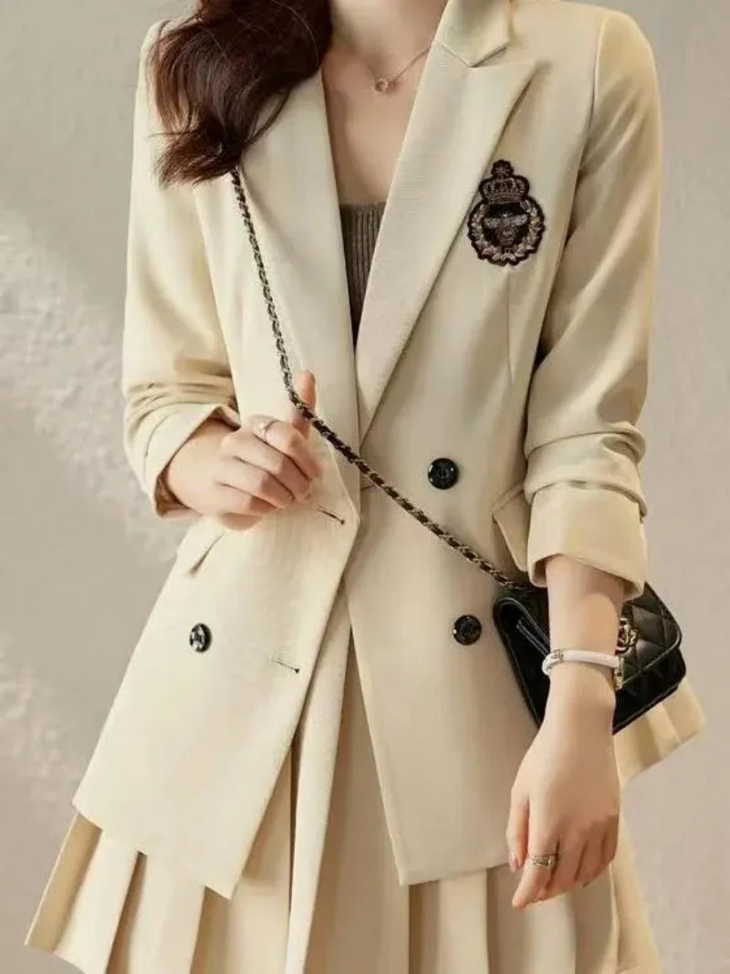 Korean Preppy Suit Women Fashion Embroidered Badge Double Breasted Jacket+High Waisted Pleated Mini Skirt Elegant Party Set 131F
