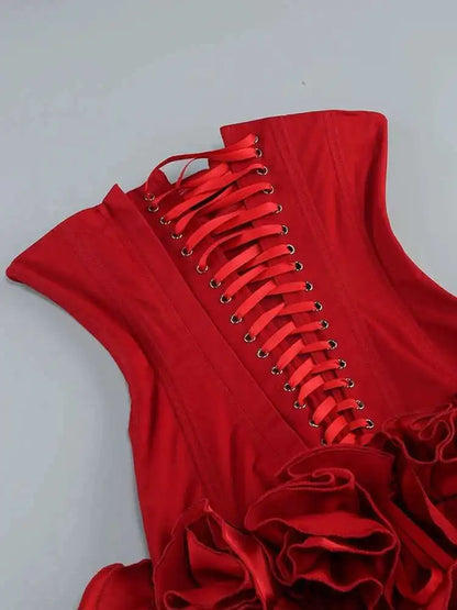 Red Solid Spliced Appliques Slim Backless Short Dresses For Women Strapless Sleevelss Patchwork Lace Up Dress Female Sexy LSW7
