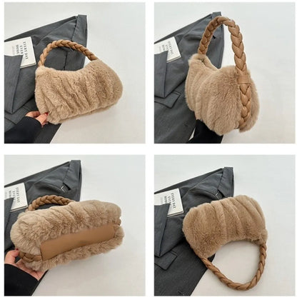 Elegant Furry Shoulder Bag Fluffy Soft Plush Handbag Solid Color Zipper Tote Bag