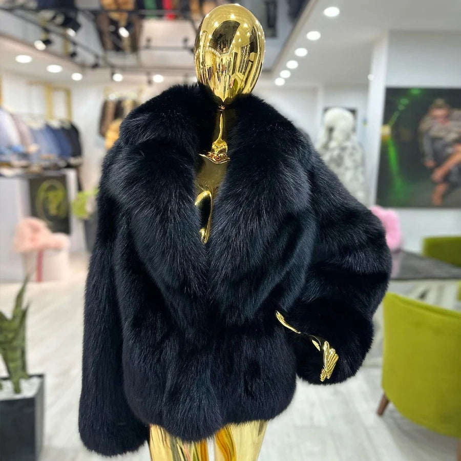 New Fox Fur Jackets For Woman Natural Fox Fur Coat With Turndown Collar Black Fur Jacket For Women