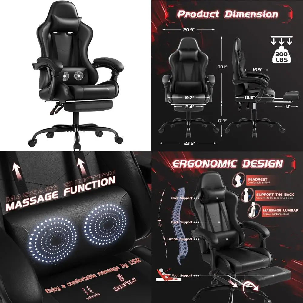 Ergonomic Massage Lumbar Support Gaming Chair with Footrest, 360° Swivel and Height Adjustable Seat for Comfortable Computing