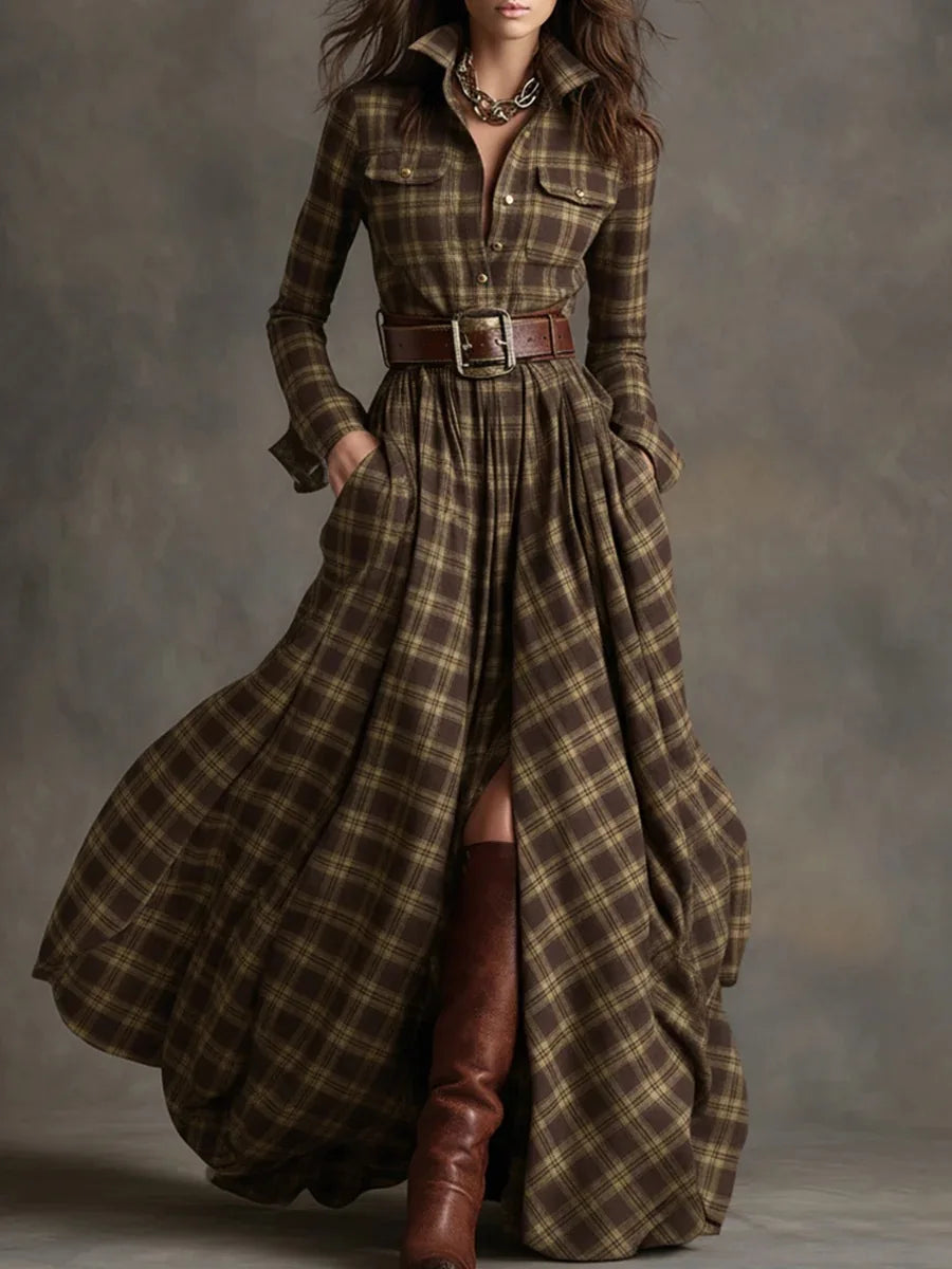 Plaid with Belt Retro Long Dress Lapel Button Irregular A Line Skirts Long Sleeve Casual Women's Dresses Autumn Elegant Clothes