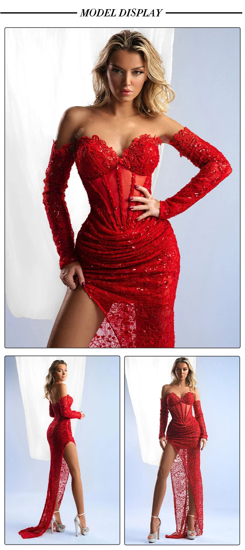 VC Luxury Women'S Dress Sparkly Red Sequins Patchwork Lace High Split Maxi Long Gowns With Gloves 2024 Summer New